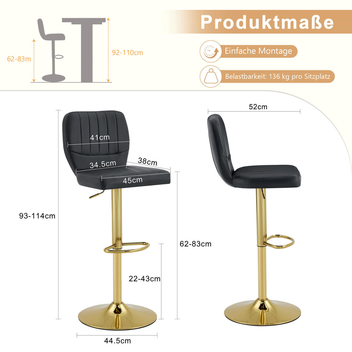 BARHOCKER höhenverstellbar 360° drehbar 52 x 45 x 93-114 cm Gold/Schwarz - Goldfarben, Metall (45/114/52cm) - Meubliv