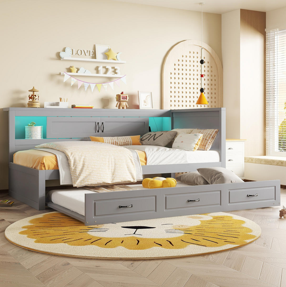 TAGESBETT 90/200 cm mit LED-Beleuchtung, Ausziehbett, USB und Stauraum aus Spanplatte und MDF, Grau - Grau, Holzwerkstoff (90/200cm) - Redom