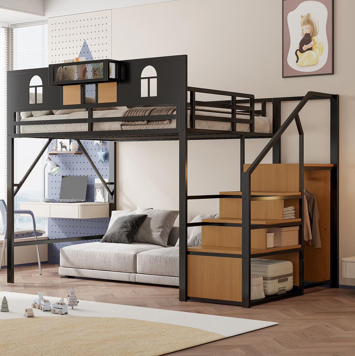 HOCHBETT 140/200 cm Schwarz aus Metall mit Stauraumleiter - Schwarz, Metall (140/200cm) - OKMYHOME
