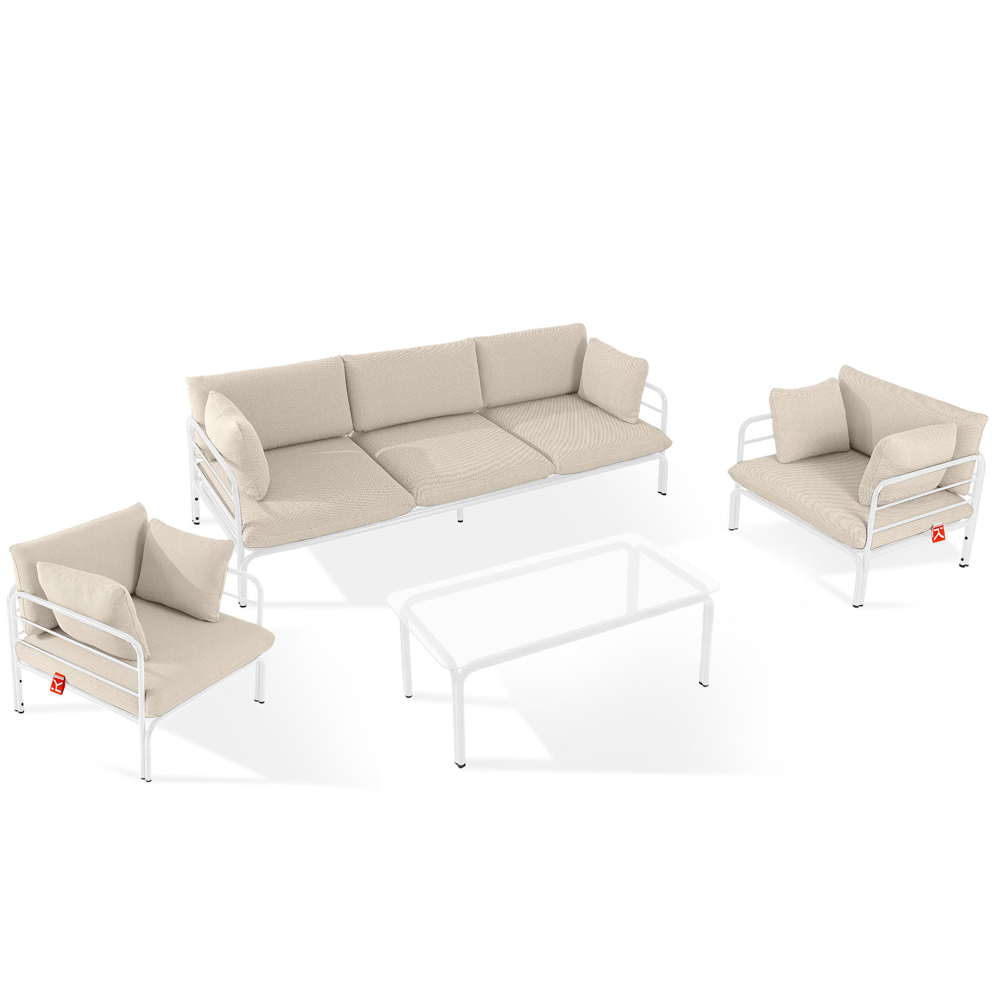 GARTENMÖBELSET RAMBE 4-tlg. 1x Tisch 2x Sessel 1x Sofa 3-Sitzer, mit Auflage, Stahlrahmen, LOFT-STIL, Weiß - Beige/Weiß, Glas/Textil - KONSIMO®