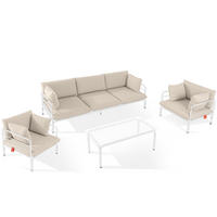 GARTENMÖBELSET RAMBE 4-tlg. 1x Tisch 2x Sessel 1x Sofa 3-Sitzer, mit Auflage, Stahlrahmen, LOFT-STIL, Weiß - Beige/Weiß, Glas/Textil - KONSIMO®