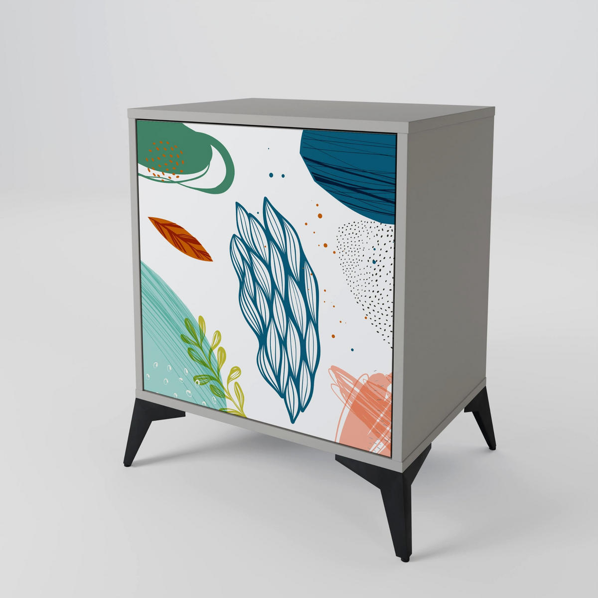 SIDEBOARD BOTANICAL HURRICANE, Grau, 57,5x42x75,5 cm, Goldfarbene Metallfüße - Goldfarben/Multicolor, Holzwerkstoff/Metall (57.5/75.5/42cm) - SpaceRebels