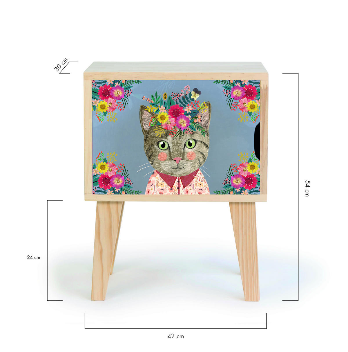 NACHTTISCH Montessori Natur BLUMINGE KATZE - Blau, Holz (42/54/30cm) - RNT By Really Nice Things
