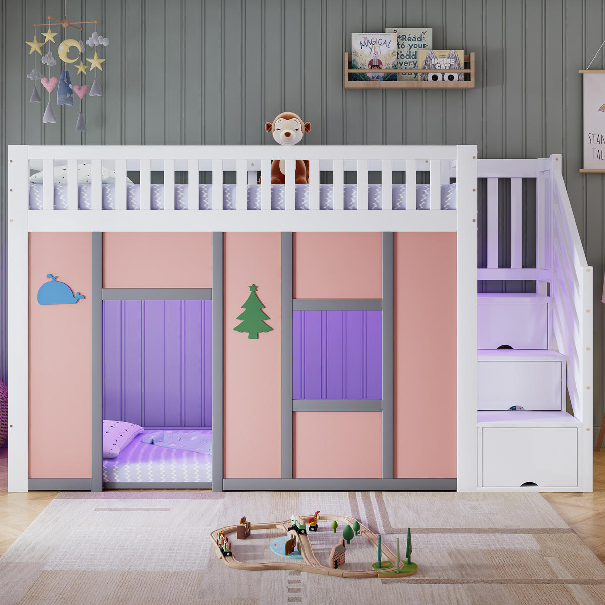 HALBHOCHBETT 90x200 cm in Weiß und Pink mit Stauraumtreppe und LED-Beleuchtung - Weiß, Holz (90/200cm) - IVMEU