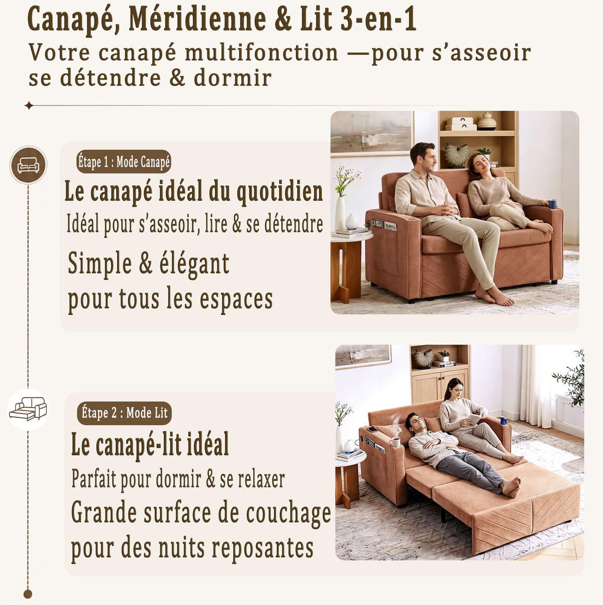 SCHLAFSOFA aus Holz und Stoff mit USB-Ladeports und Schiebe-Transform-Funktion Orange - Orange, Holz (134/73/195cm) - Modenvie