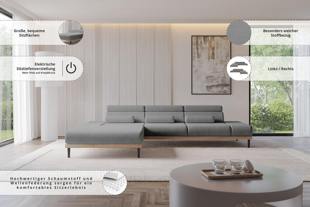 ELEKTRISCHES ECKSOFA Links MONA 316x205x85 Grau Velours - Taupe, Holzwerkstoff/Textil (316/205cm) - ALTDECOR