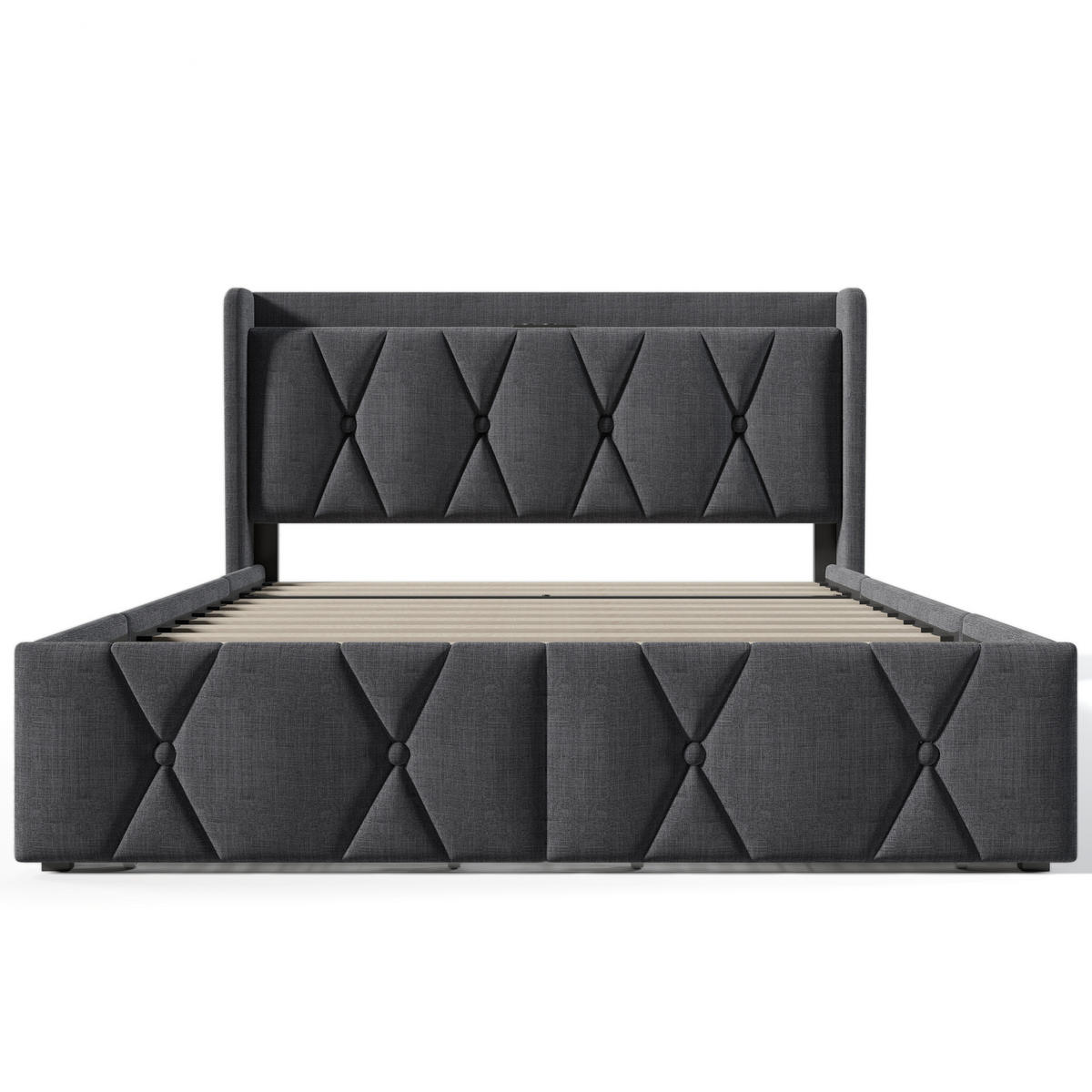 POLSTERBETT 140×200 cm aus Leinen-Stoff mit USB-Anschluss, vier Schubladen und Matratze, grau - Grau, Textil (140/200cm) - Luhomfu