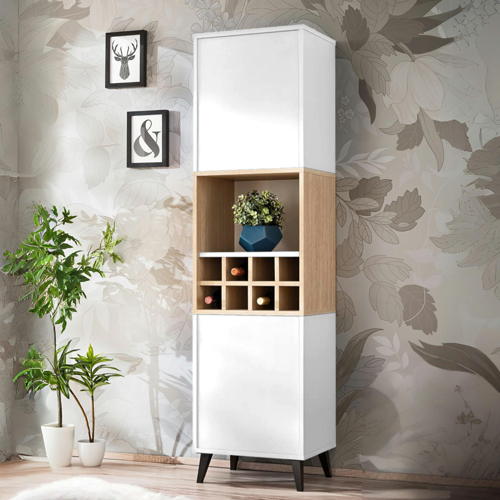 HIGHBOARD MIT WEINSCHRANK FONDI, Weiß, Skandinavische Tanne - Hellbraun/Weiß, Glas/Holzwerkstoff (46/173/35cm) - Komodee