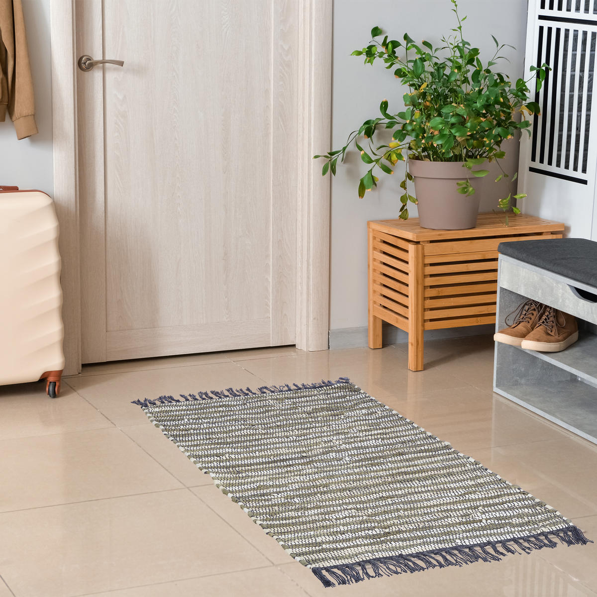 FLICKENTEPPICH - Blau/Grau, Leder/Textil (100/60cm) - Relaxdays