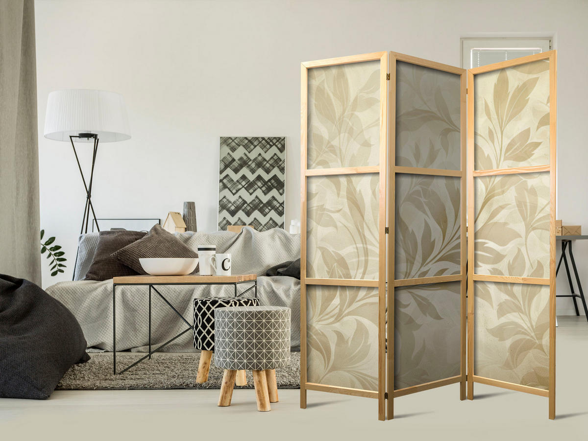 PARAVENT Japanischer 3-tlg 135x172 cm Retro Bl tter - Beige, Holz/Textil (135/172/3cm) - Muralo