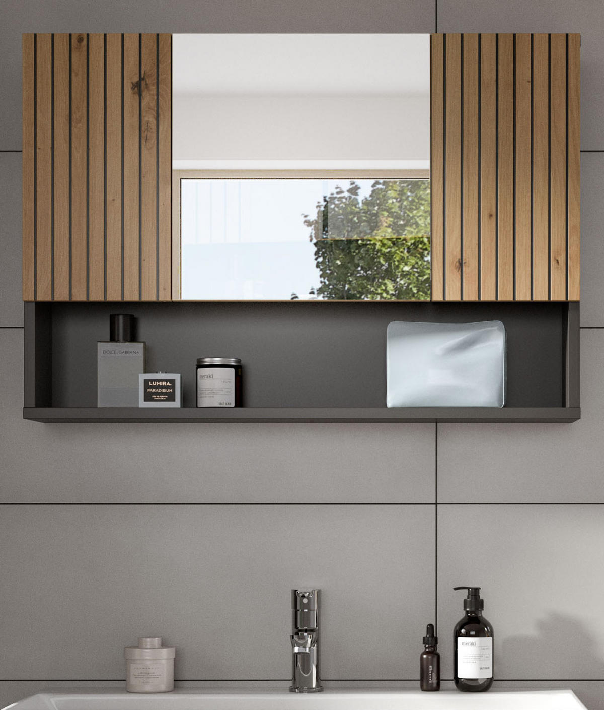 SPIEGELSCHRANK Eiche Artisan, grau 80 x 55 cm, Badschrank 3-türig - Eiche Artisan, Glas/Holzwerkstoff (80/55/17cm) - Inn.Furn