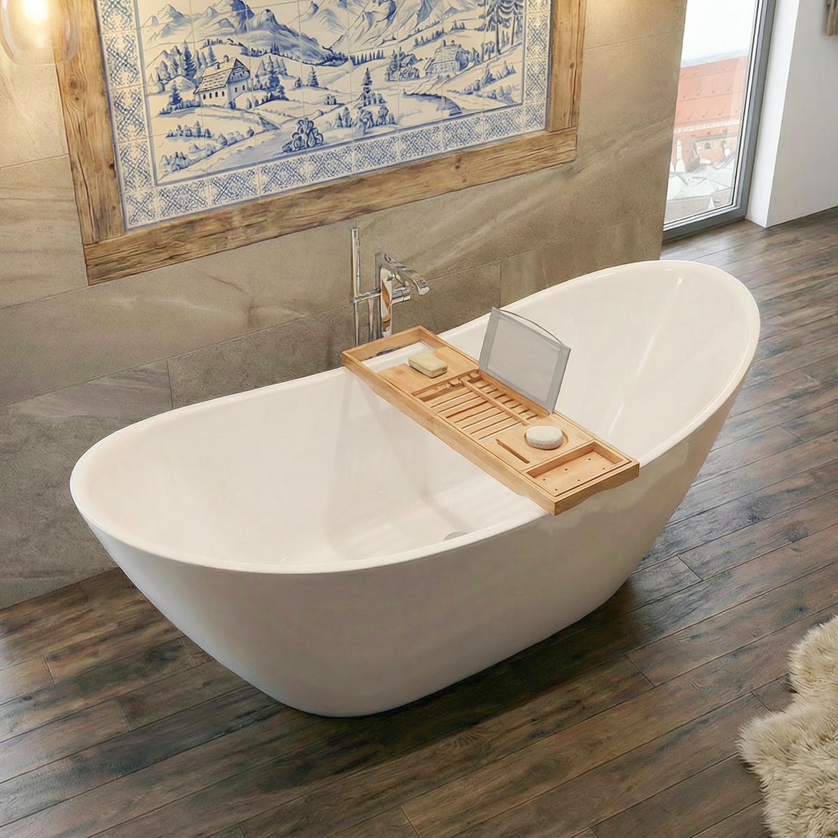 BADEWANNE ivar freistehend 180/80 cm, 3-tlg. Set Bambusablage Klick-Klack-Ablauf - Weiß, Kunststoff (80/76/180cm) - bad land