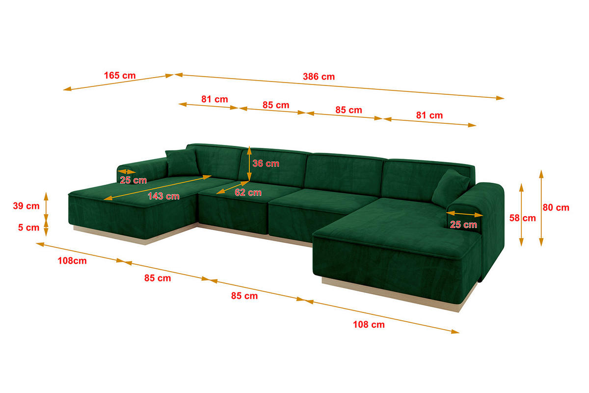 SEDACÍ SOUPRAVA ve tvaru U IREA-U2 386x165x80 Zelená Velur - černá/zelená barva, kompozitní dřevo/textil (388/83/171cm) - ALTDECOR