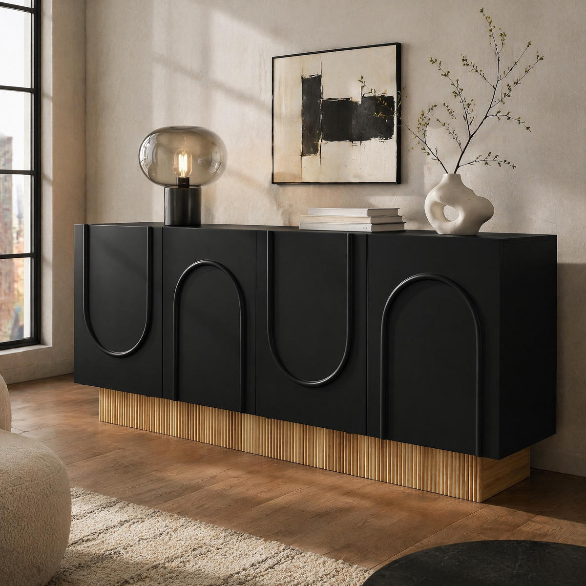 KUCHYŇSKÁ SKŘÍŇ černá, 4 dvířka, velký úložný prostor, design ve tvaru U, do obývacího pokoje, 160×38×75 cm - přírodní/černá, kov/kompozitní dřevo (160/38/75cm) - STILVORA