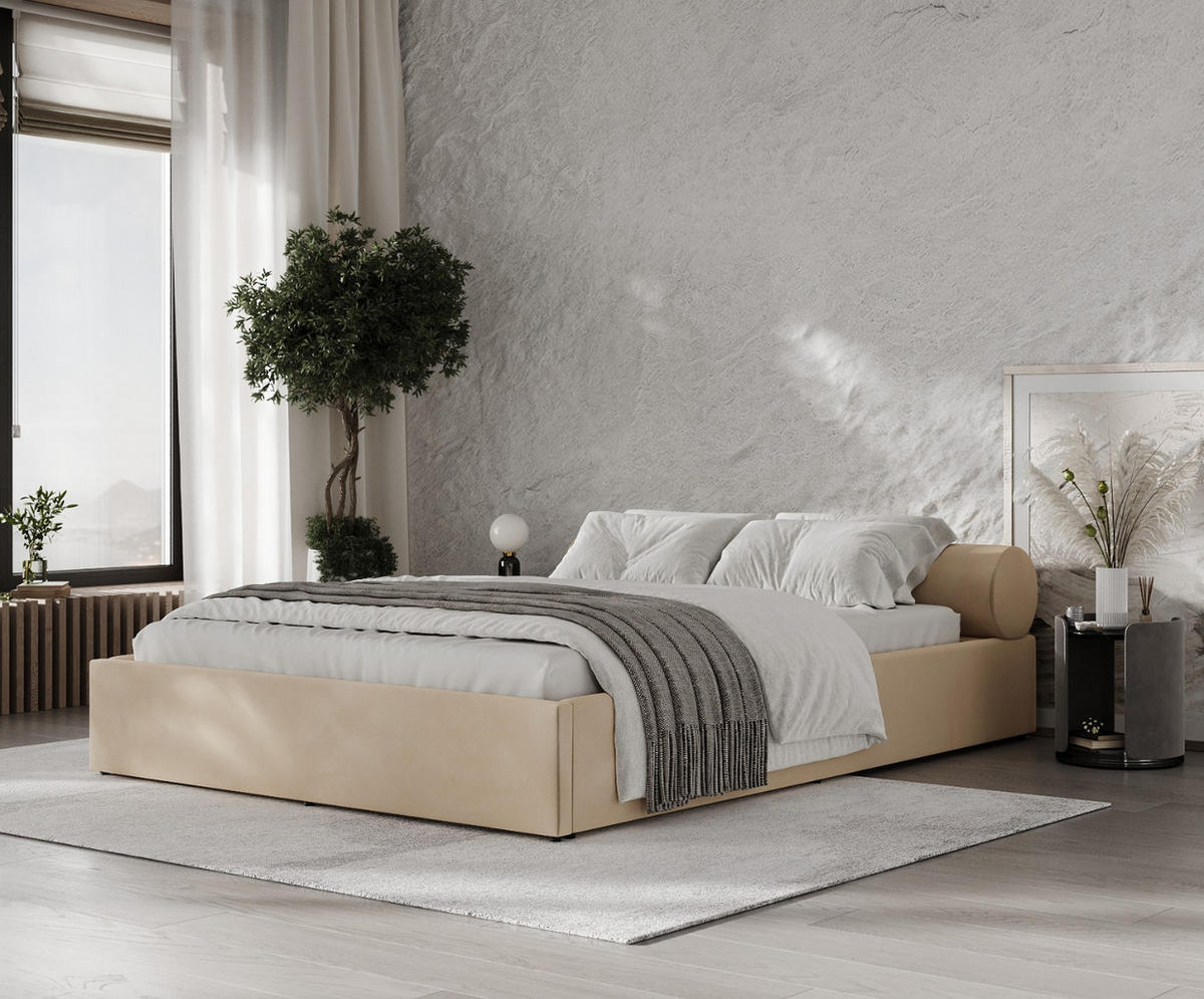 POLSTERBETT Solvo mit Stauraum 200/200 cm Hellbeige im Kronos Stoff - Beige/Schwarz, Holz/Holzwerkstoff (200/200cm) - AltaBeds