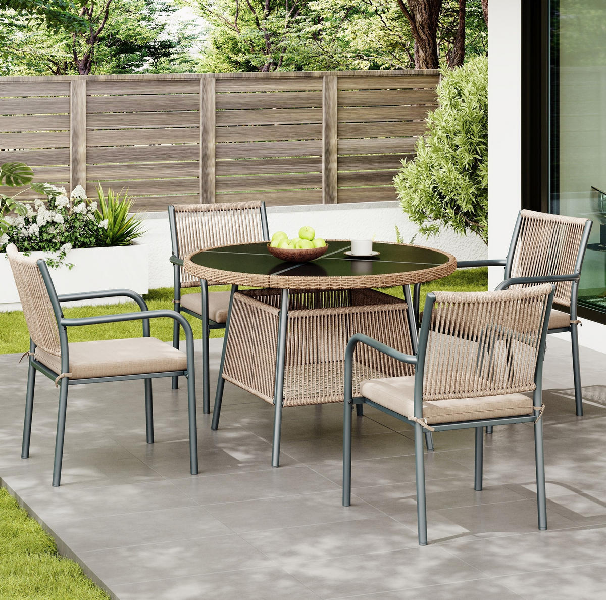 GARTENMÖBELSET 110/110/74 cm mit rundem Tisch, 4 Sesseln, Sicherheitsglas und Sitzkissen, Grau - Beige, Metall - Redom