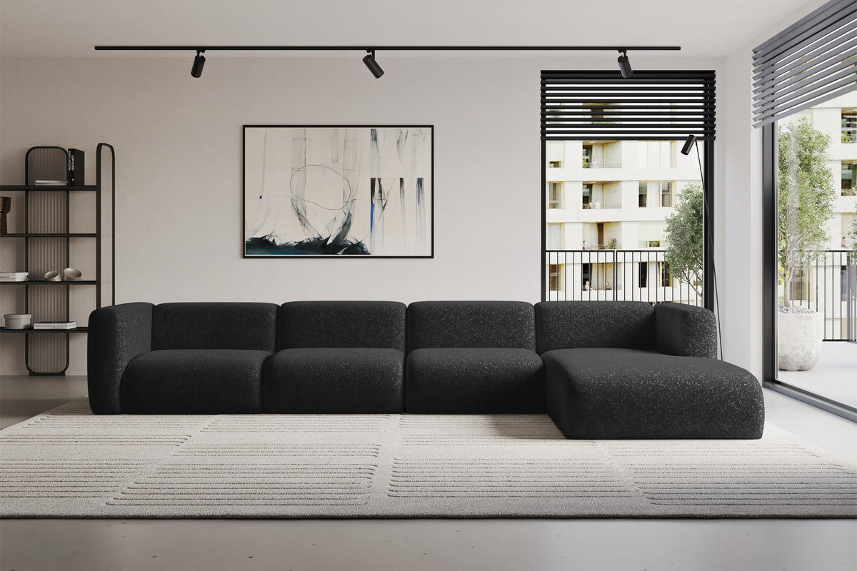 ECKSOFA Ottomane Rechts MIRA-L3 409x179x70 Schwarz Velours - Schwarz, Holzwerkstoff/Kunststoff (409/179cm) - ALTDECOR
