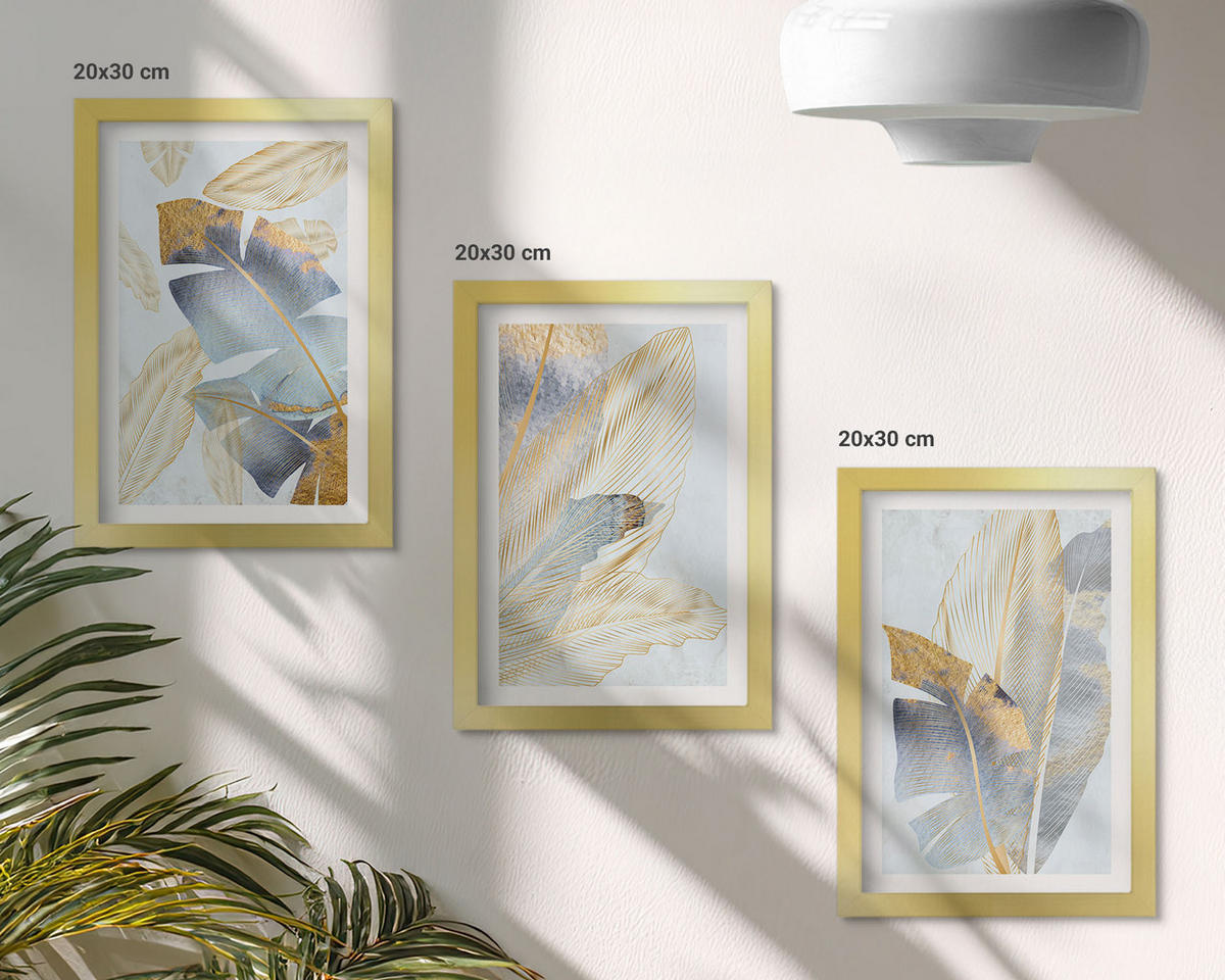 WANDBILDER 3er Set - 20x30 cm Goldrahmen - Hellblau-beige Blätter - Goldfarben, Kunststoff (20/30cm) - ArtPrintCave
