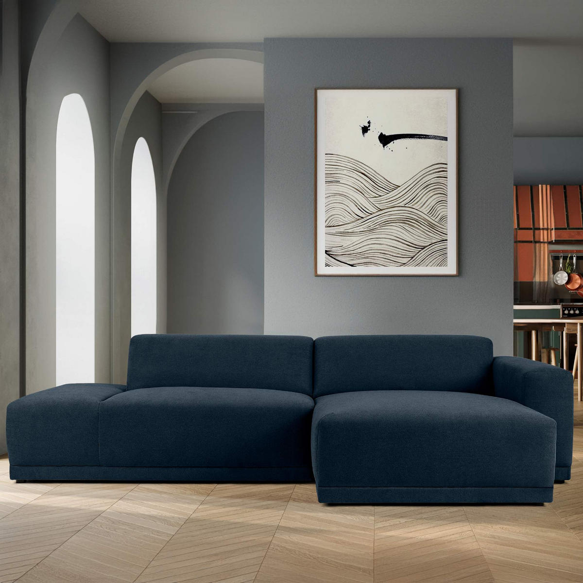 ECKSOFA RECHTS MUDI in moderner Optik mit hochwertigem Kaltschaum, Cord-Stoff, Dunkelblau - Schwarz/Dunkelblau, Textil (280/160cm) - KONSIMO®