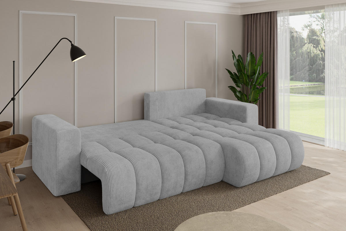 ROHOVÁ SEDAČKA s funkcí spaní, otoman vpravo MILA-L-v1 277x195x86 šedá manšestr - šedá/černá, kompozitní dřevo/textil (277/194cm) - ALTDECOR