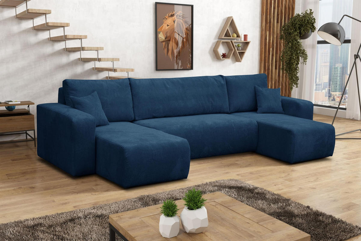 WOHNLANDSCHAFT LUNA U-FORM mit Schlaffunktion und Bettkasten (Blau) - Blau, Textil (312/83/142cm) - VENASI MÖBEL