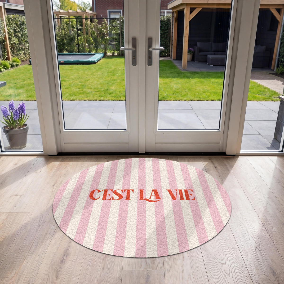 FUSSMATTE Zartrosa – Rot – Streifen – C'est La Vie 120x120 cm - Rosa, Kunststoff (120/0.4cm) - MuchoWow