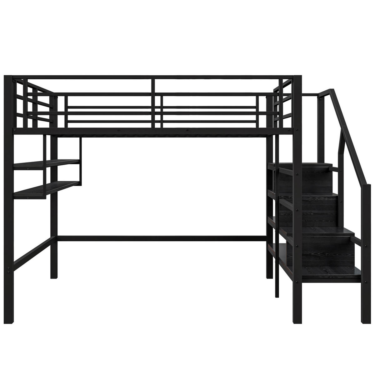 HOCHBETT 140/200 cm in Schwarz – mit Stauraumleiter und Regalfächern - Schwarz, Metall (140/200cm) - BEAOK