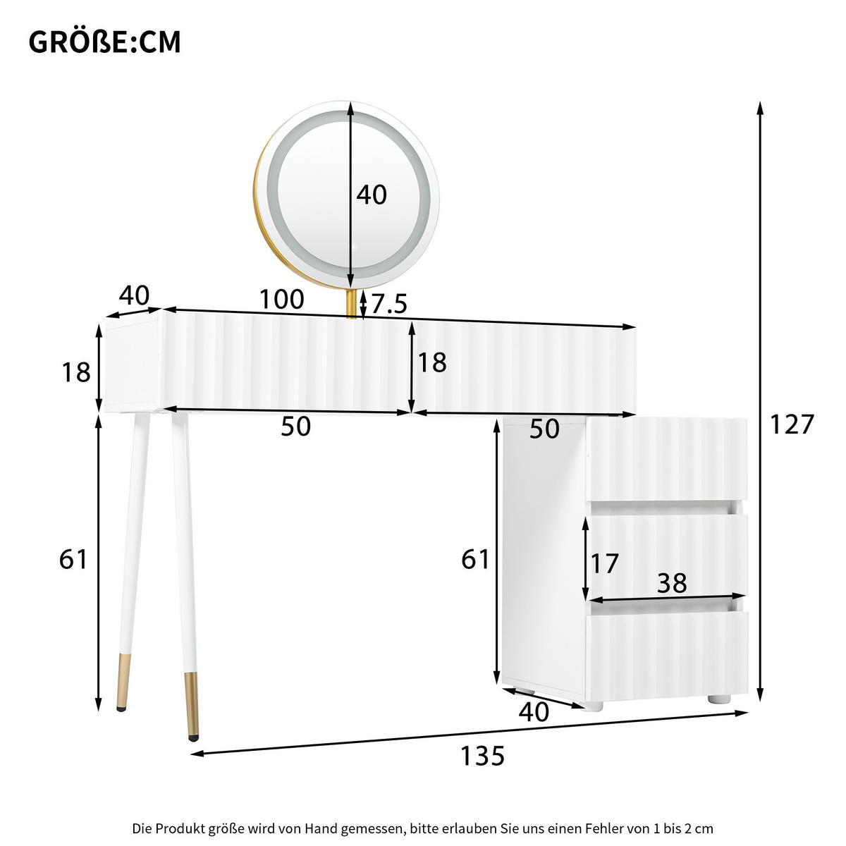 SCHMINKTISCH mit LED-Spiegel und Schubladen Weiß - Weiß, Holzwerkstoff (40/127/100cm) - Urban Meuble