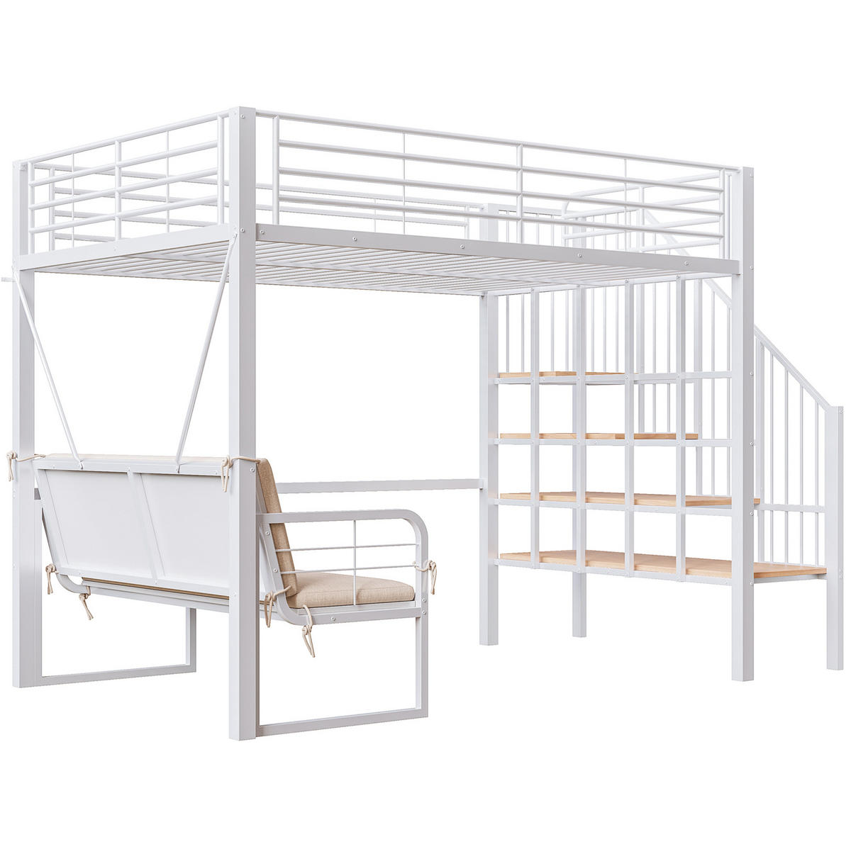 ETAGENBETT 140/200 cm weiß aus Metall/MDF mit Sofa und Treppe - Weiß, Holzwerkstoff (140/200cm) - OKWISH