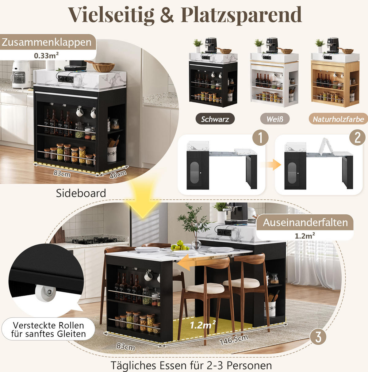 KUCHYŇSKÝ ostrůvek 83/46–146,5/96 cm s výsuvnou deskou, úložným prostorem a zásuvkami, MDF a sklo, Černá - černá, kompozitní dřevo (83/96/46cm) - Redom