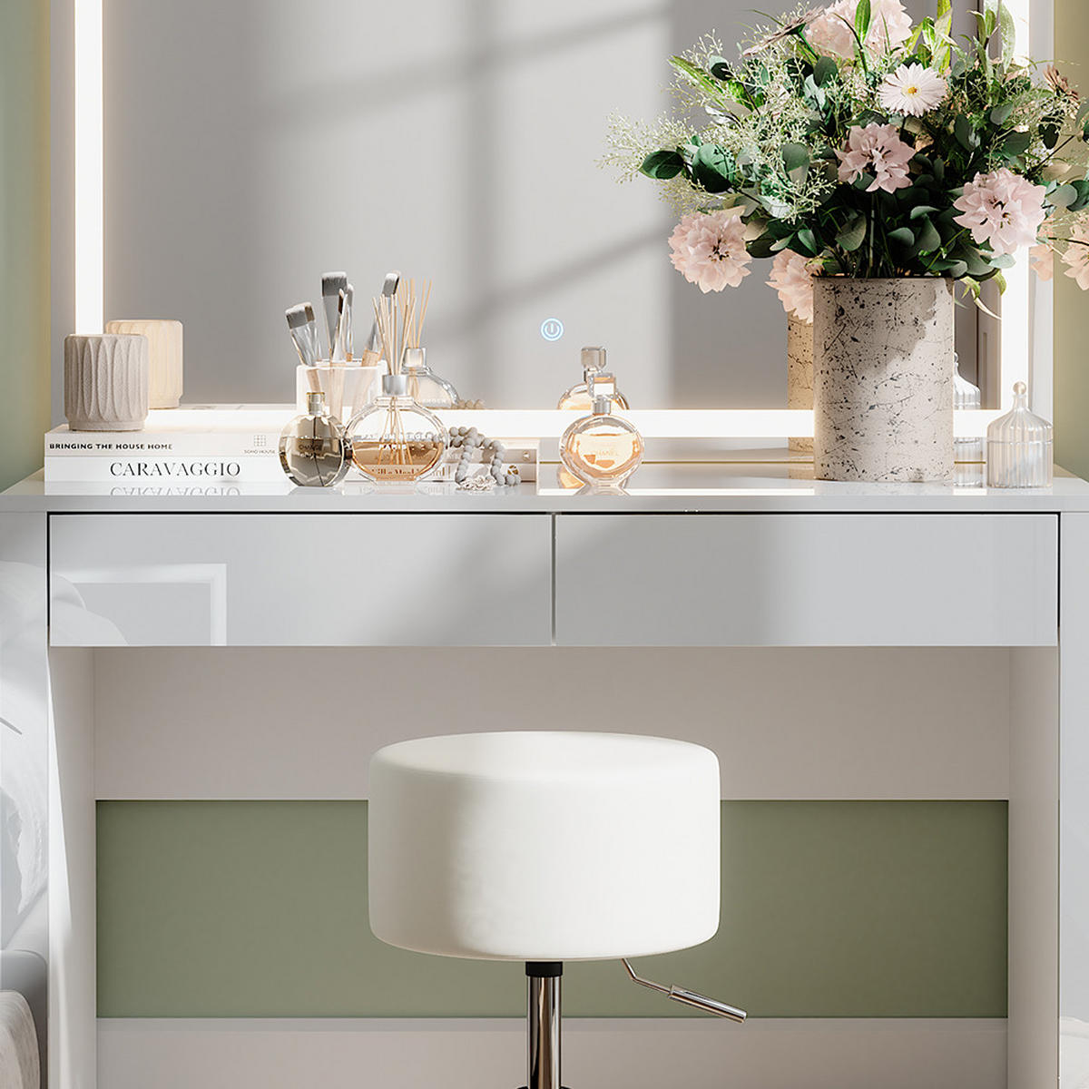 SCHMINKTISCH Annabelle Weiß Hochglanz/Weiß 110 cm mit LED-Spiegel und Hocker - Weiß Hochglanz/Weiß, Holzwerkstoff (110/75.5/50cm) - Vicco