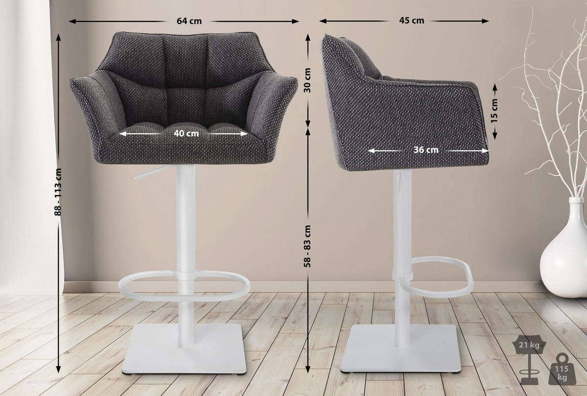 BARHOCKER 2er Set Damaskus Stoff weiß titangrau - Weiß/Grau, Textil/Metall (64/110/48cm) - TPFLiving