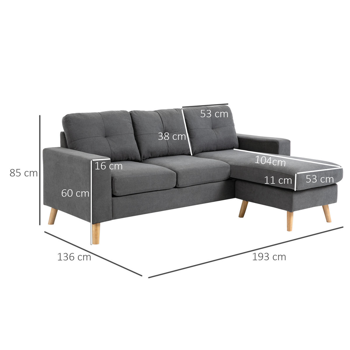 ECKSOFA Eckcouch in L-Form, Eckgarnitur in Leinenoptik Couchgarnitur Dunkelgrau - Dunkelgrau, Textil (136/193cm) - HOMCOM