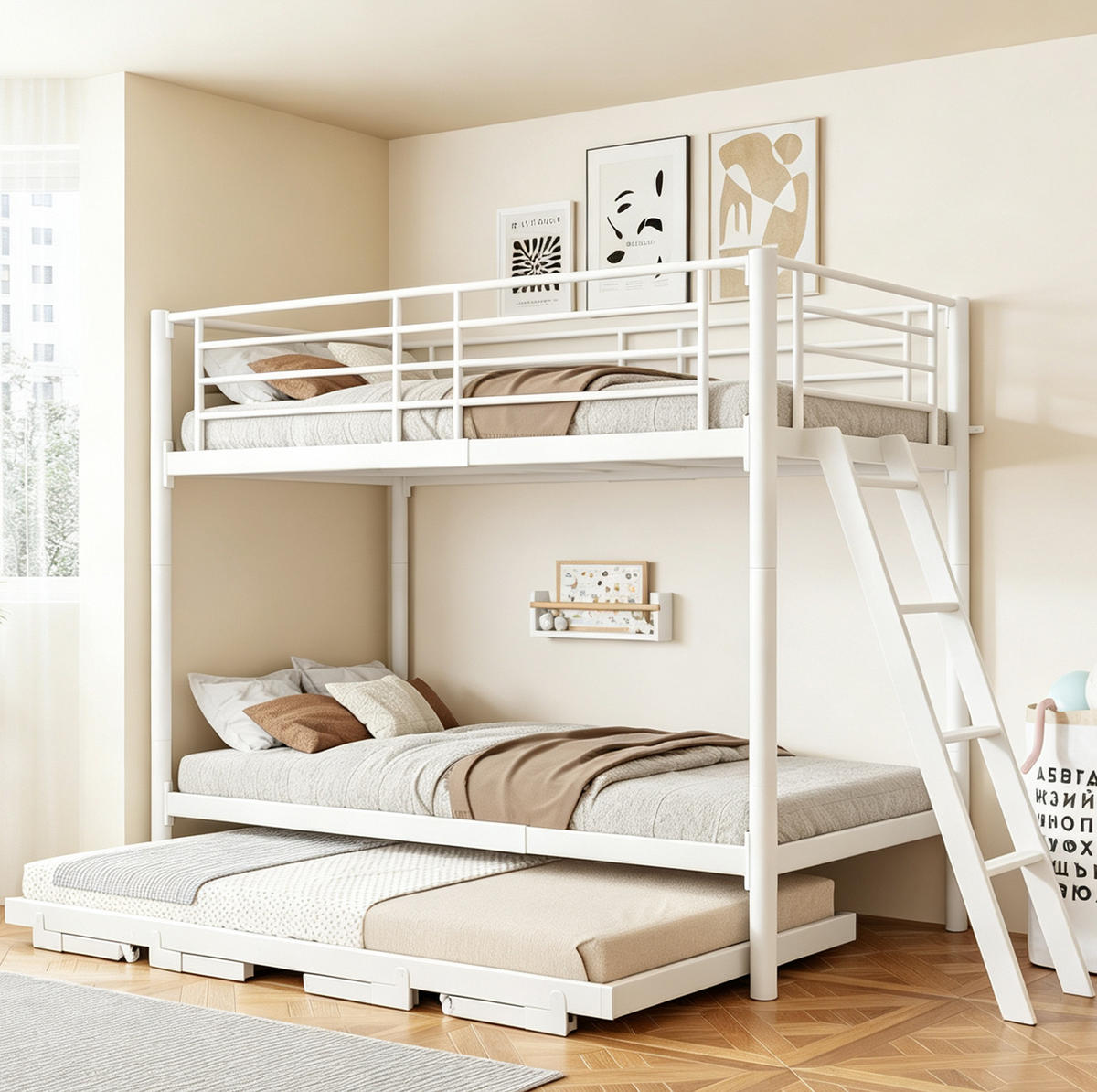ETAGENBETT aus Metall und Holz 90x200 cm Weiß mit ausziehbarem Unterbett - Weiß, Metall (90/200cm) - Modfu