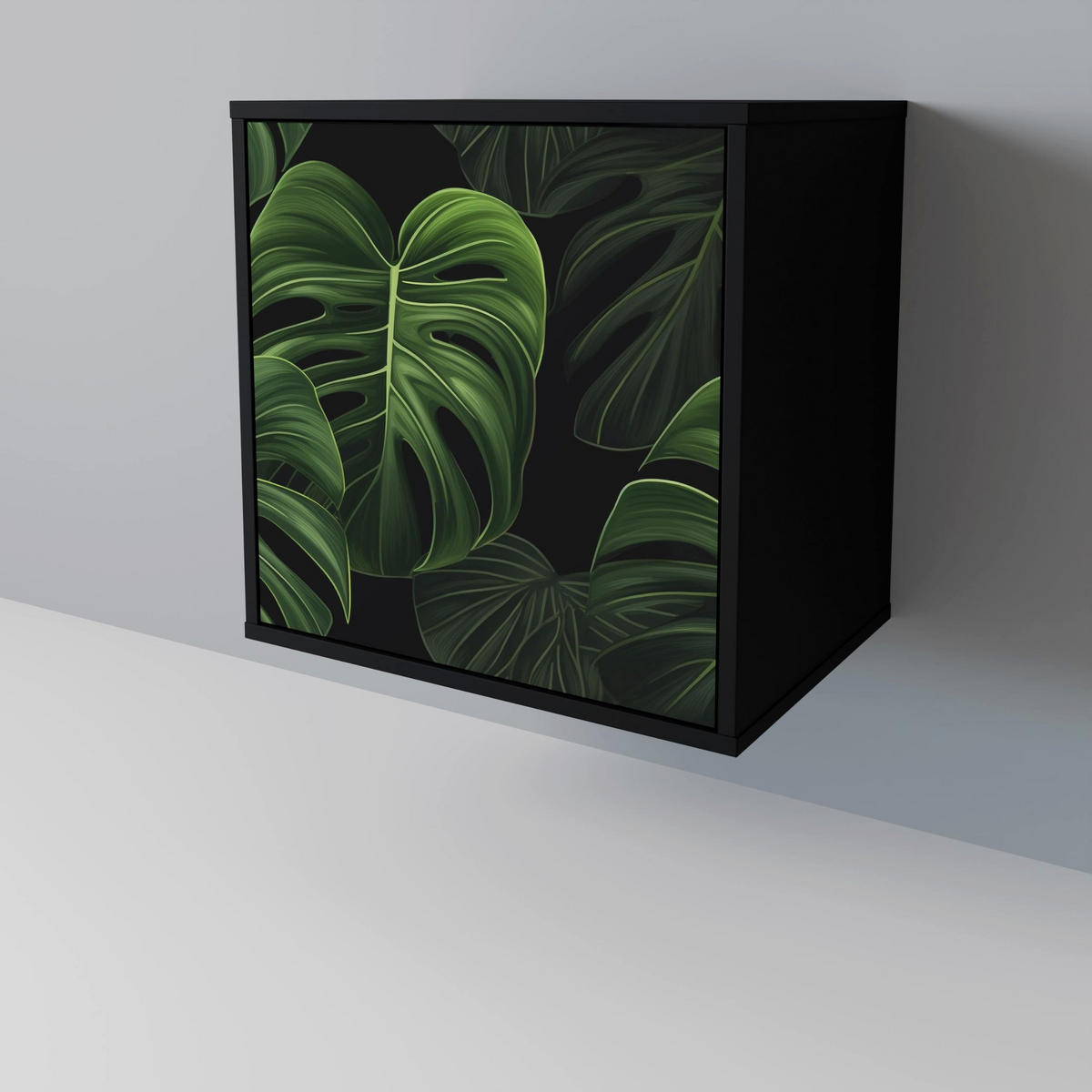 SIDEBOARD INFINITE MONSTERA, Schwarz, 57,5x42x72,5 cm, Schwarze Metallfüße - Multicolor/Schwarz, Holzwerkstoff/Metall (57.5/72.5/42cm) - SpaceRebels