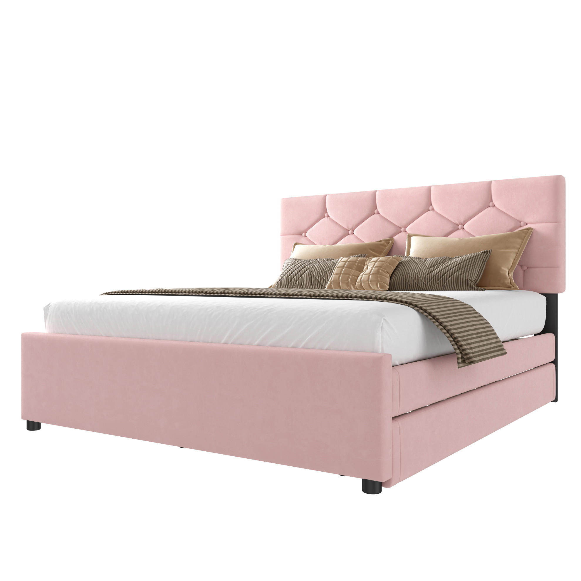 POLSTERBETT 140/200 cm mit Lattenrost, ausziehbarem Rollbett und Samtbezug, Rosa - Rosa, Textil (140/200cm) - Redom