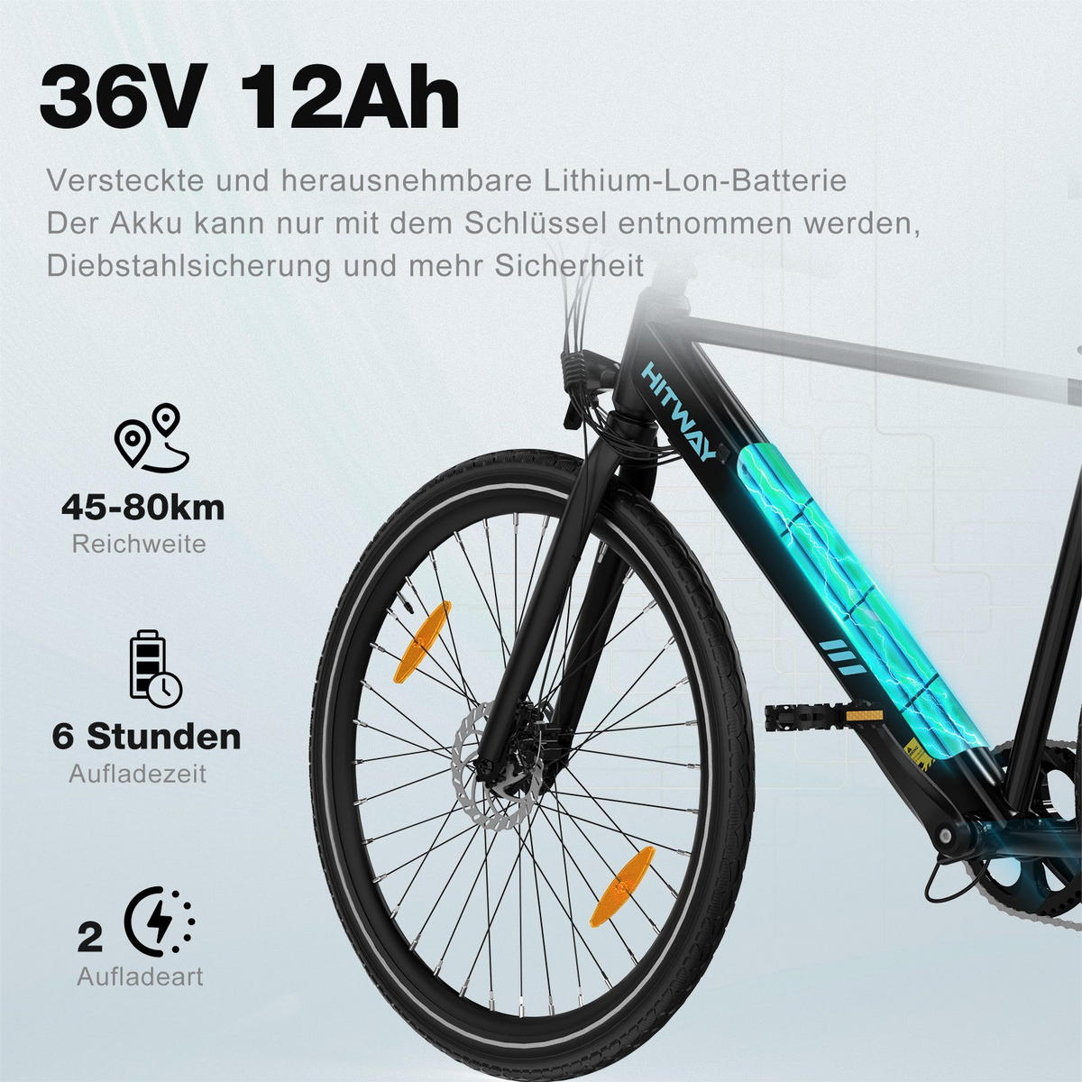 E-BIKE Mountainbike BK19 Cityrad 36V 12Ah Akku, Bis zu 80 km Reichweite - Schwarz, Metall (24cm) - HITWAY