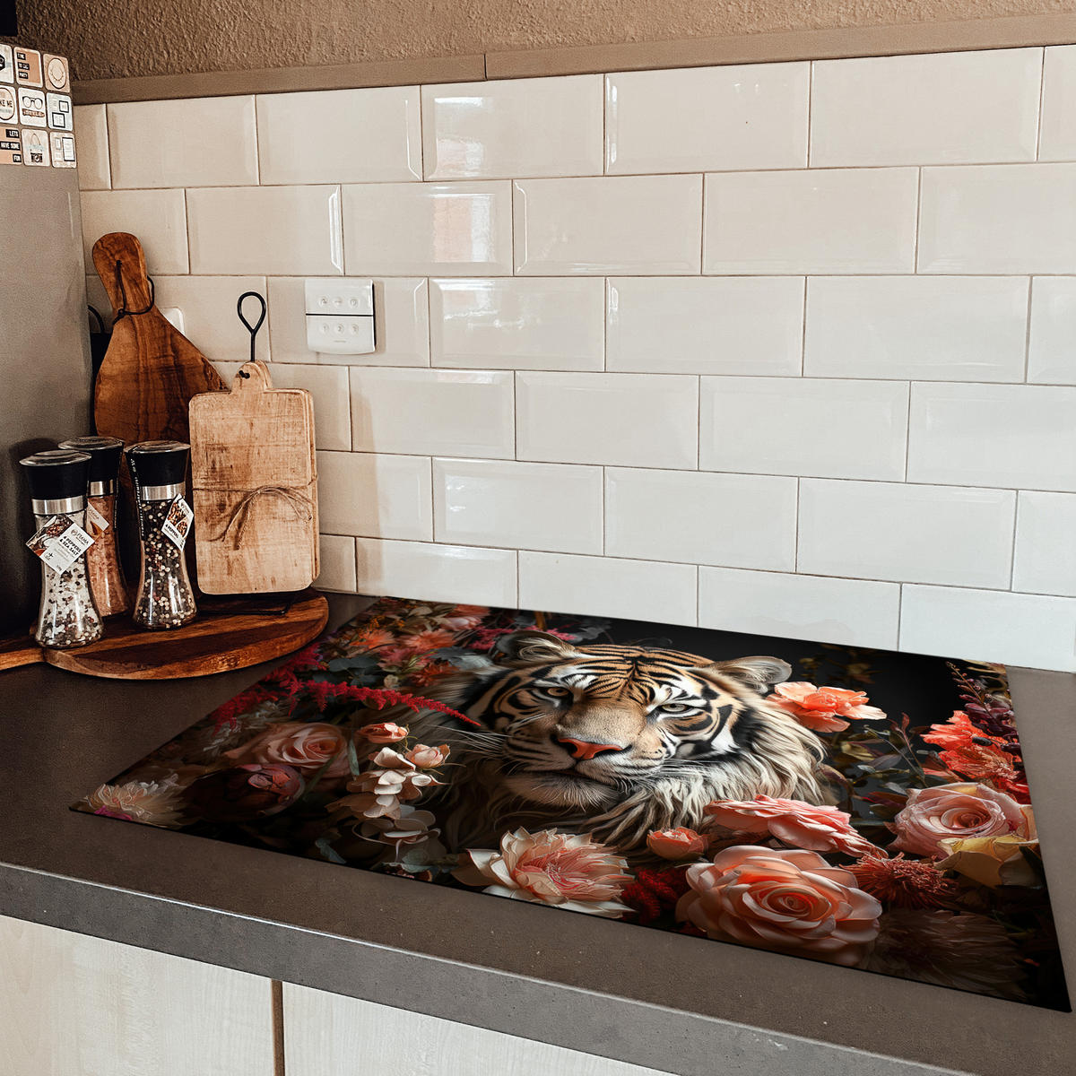 HERDABDECKPLATTE Tiger - Tier - Natur - Floral - Botanisch 75x52 cm - Orange, Kunststoff (75/0.2/52cm) - MuchoWow