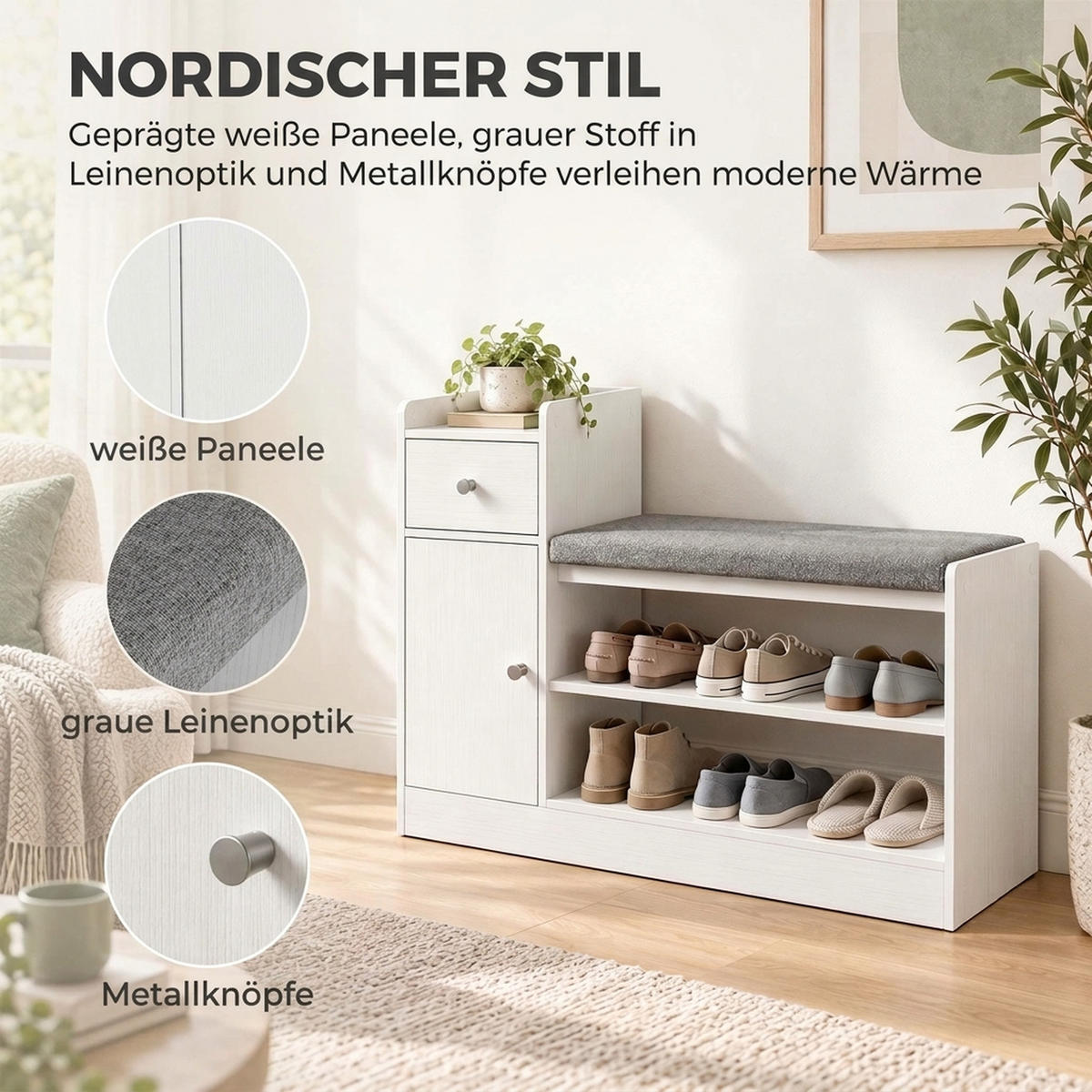 SCHUHBANK Polyester Spanplatte Weiß - Weiß/Grau, Holzwerkstoff/Textil (29.8/67.8/90cm) - HOMCOM