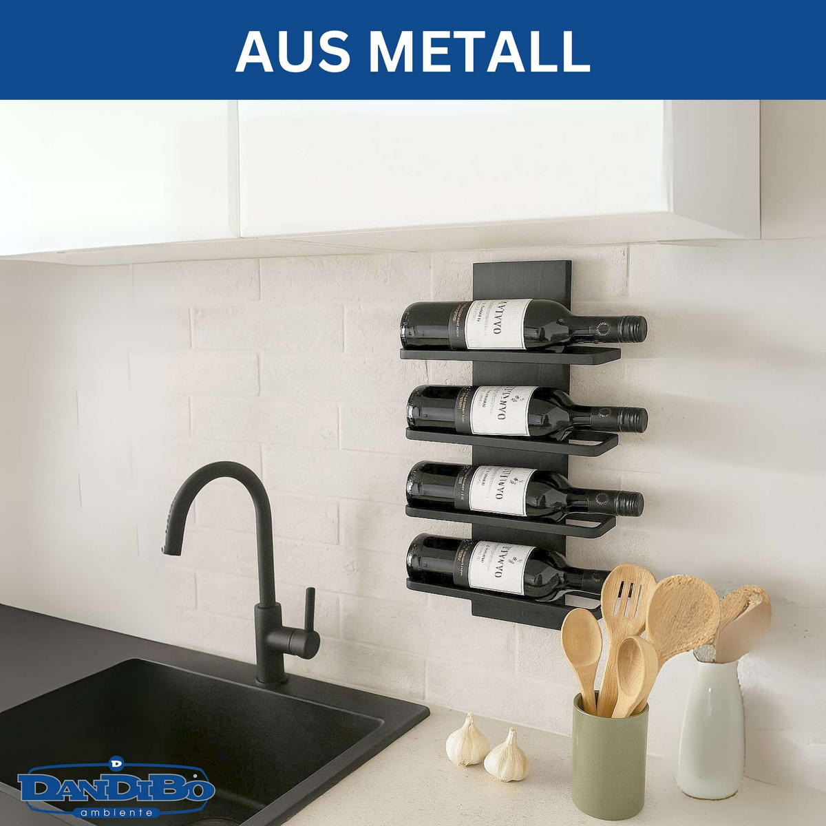 WEINREGAL Wand für 4 Flaschen Metall Flaschenregal  - Schwarz, Metall (29/49/9cm) - DanDiBo