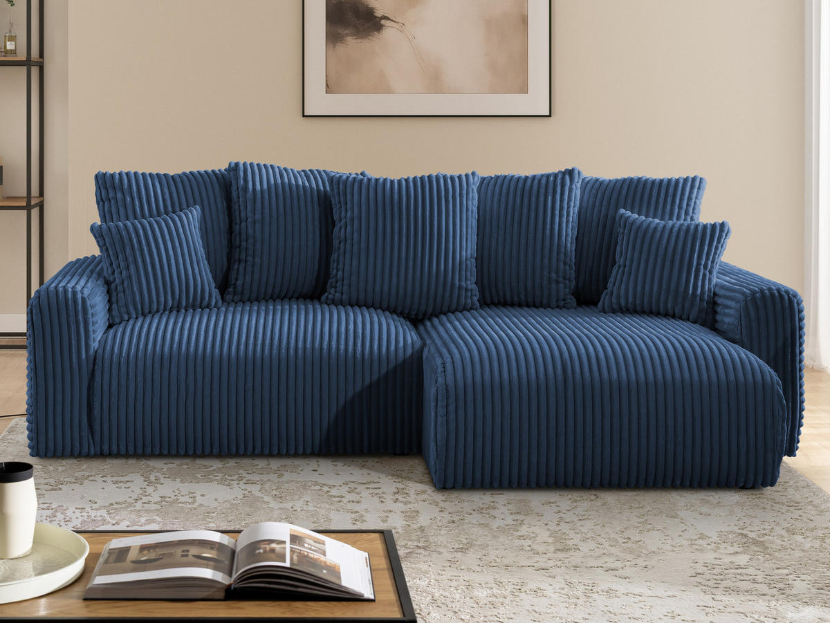 ECKSOFA Calma mit Schlaffunktion und Bettkasten im Bumpy-Design aus weichem Marineblau Plüschcord - Ottomane rechts - Blau/Schwarz, Holz/Kunststoff (140/239cm) - S-Style