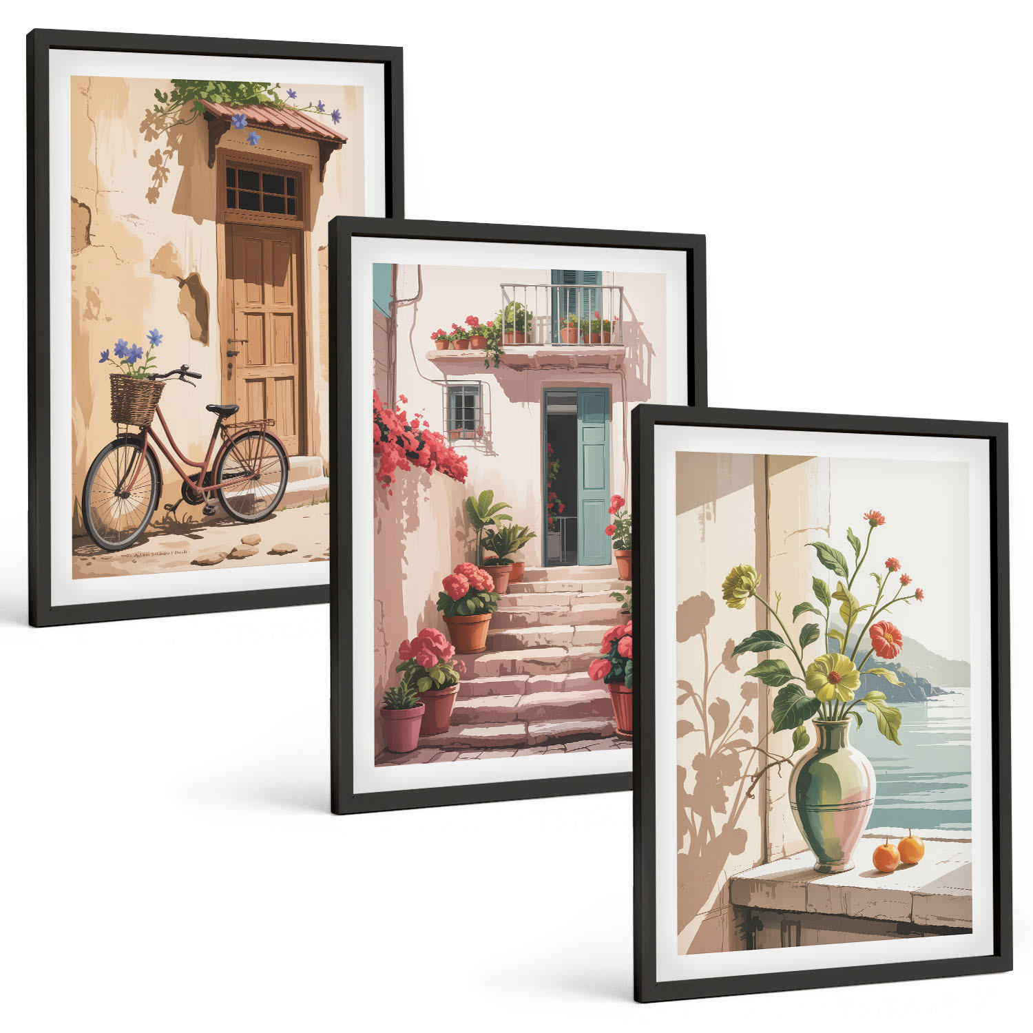 BILDER SET 3er Set - 40x60 cm Schwarzer Rahmen - Straßen, Blumen und Fahrräder - Schwarz, Kunststoff (40/60cm) - TULUP