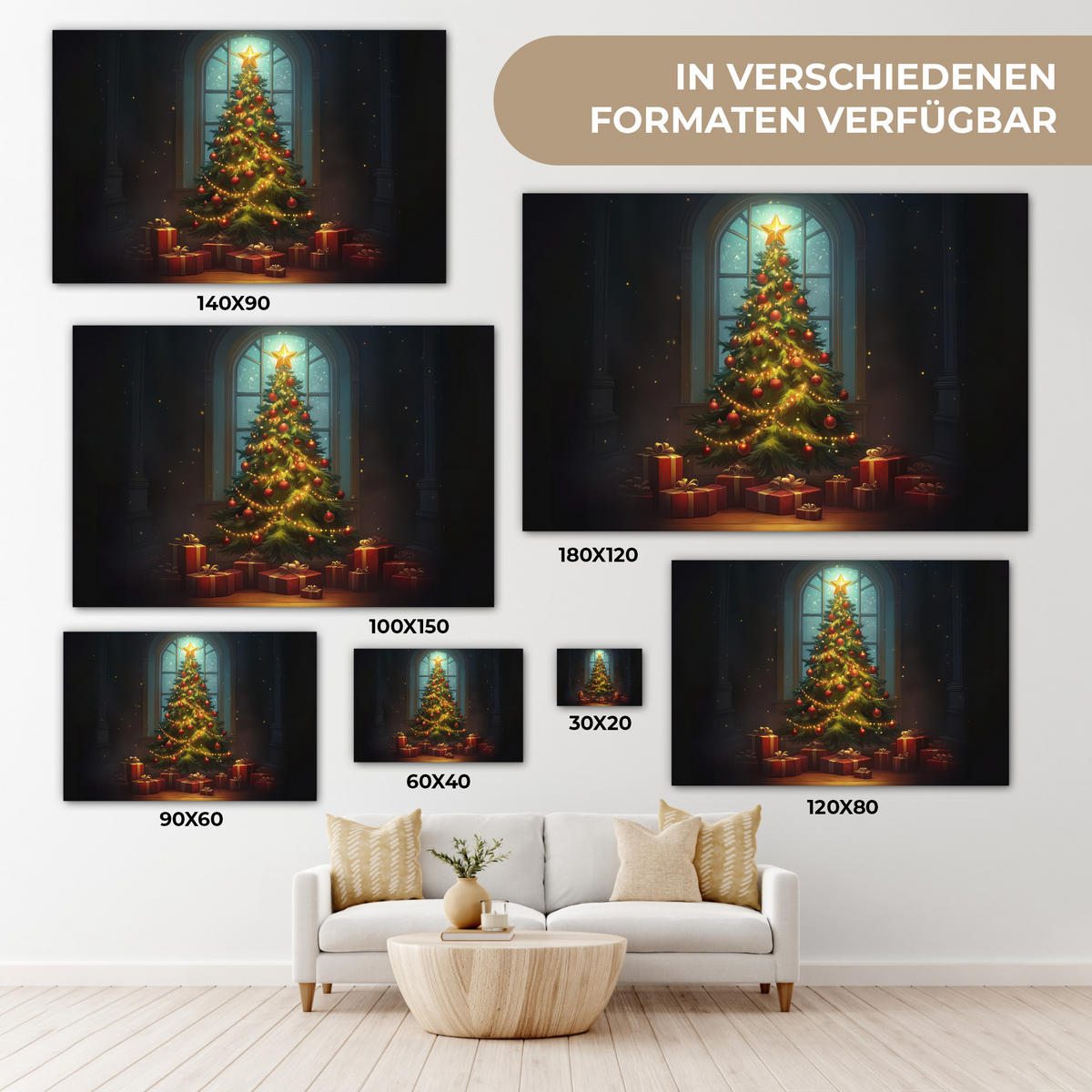 LEINWANDBILD Weihnachtsbaum - Geschenk - Winter Groß 140x90 cm - Grün, Textil (140/90cm) - MuchoWow