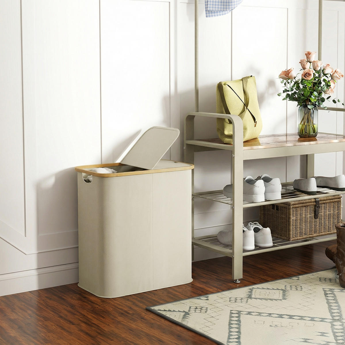 WÄSCHEKORB DE-18814 2 Fächer, 80L mit Deckel & klappbar Beige - Beige, Textil (54/58.5/34cm) - ComfortXL