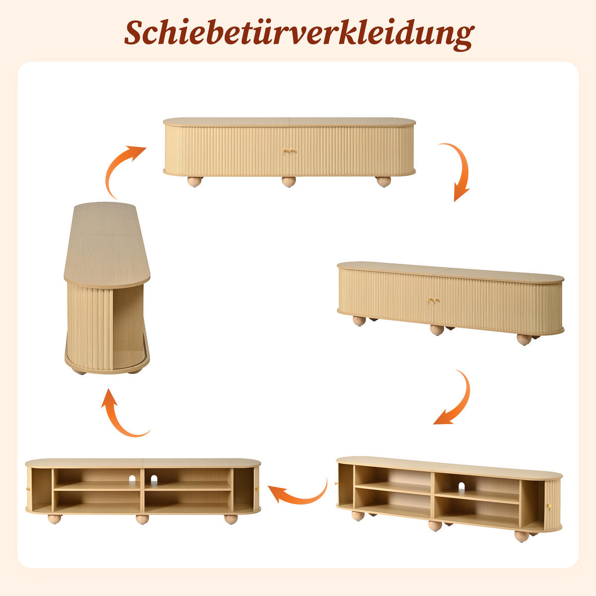 TV-LOWBOARD Rund Rillenoptik Schiebetüren Retro Kugelfüße - Naturfarben, Holzwerkstoff (180/45/35cm) - FLIEKS