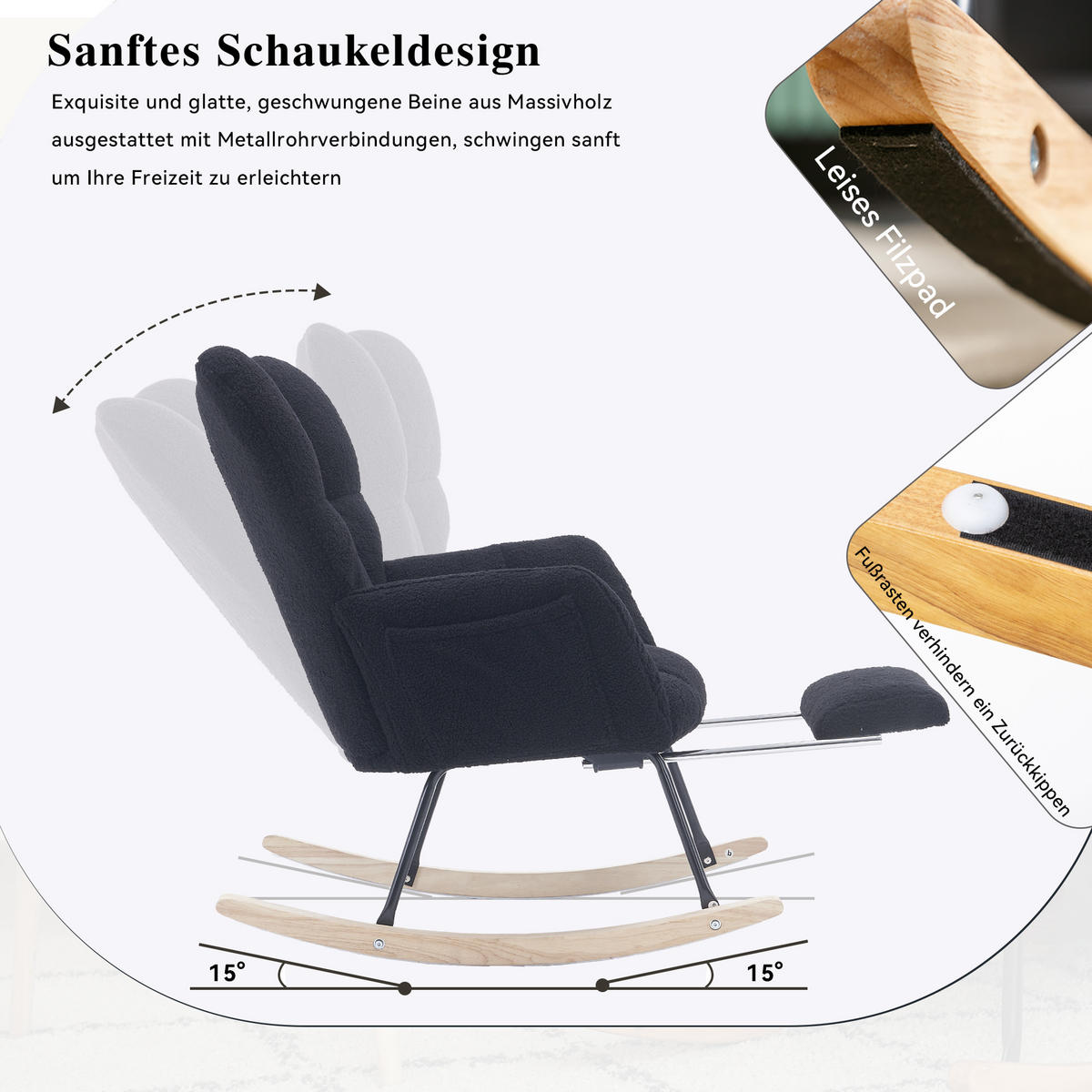 SCHAUKELSTUHL Teddy-Stoff mit klappbarer Fußablage 80/98/98.5 cm Schwarz - Schwarz, Textil (98/98.5/80cm) - Redom