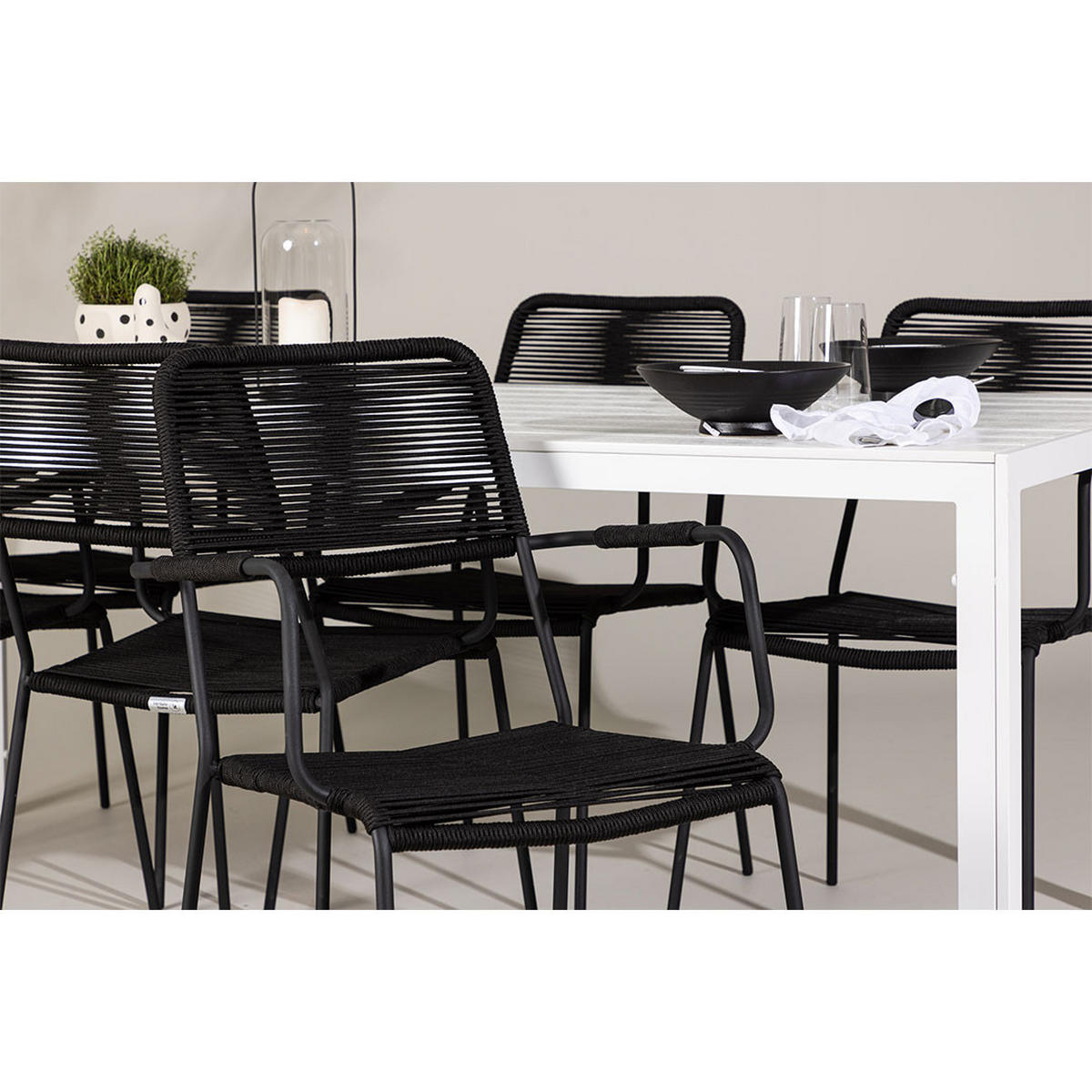 GARTENSET, Break, Tisch Weiß, Stühle Schwarz, Metall / Polyester, 90 x 205 x 75 cm, 7-teilig - Weiß, Metall - ebuy24