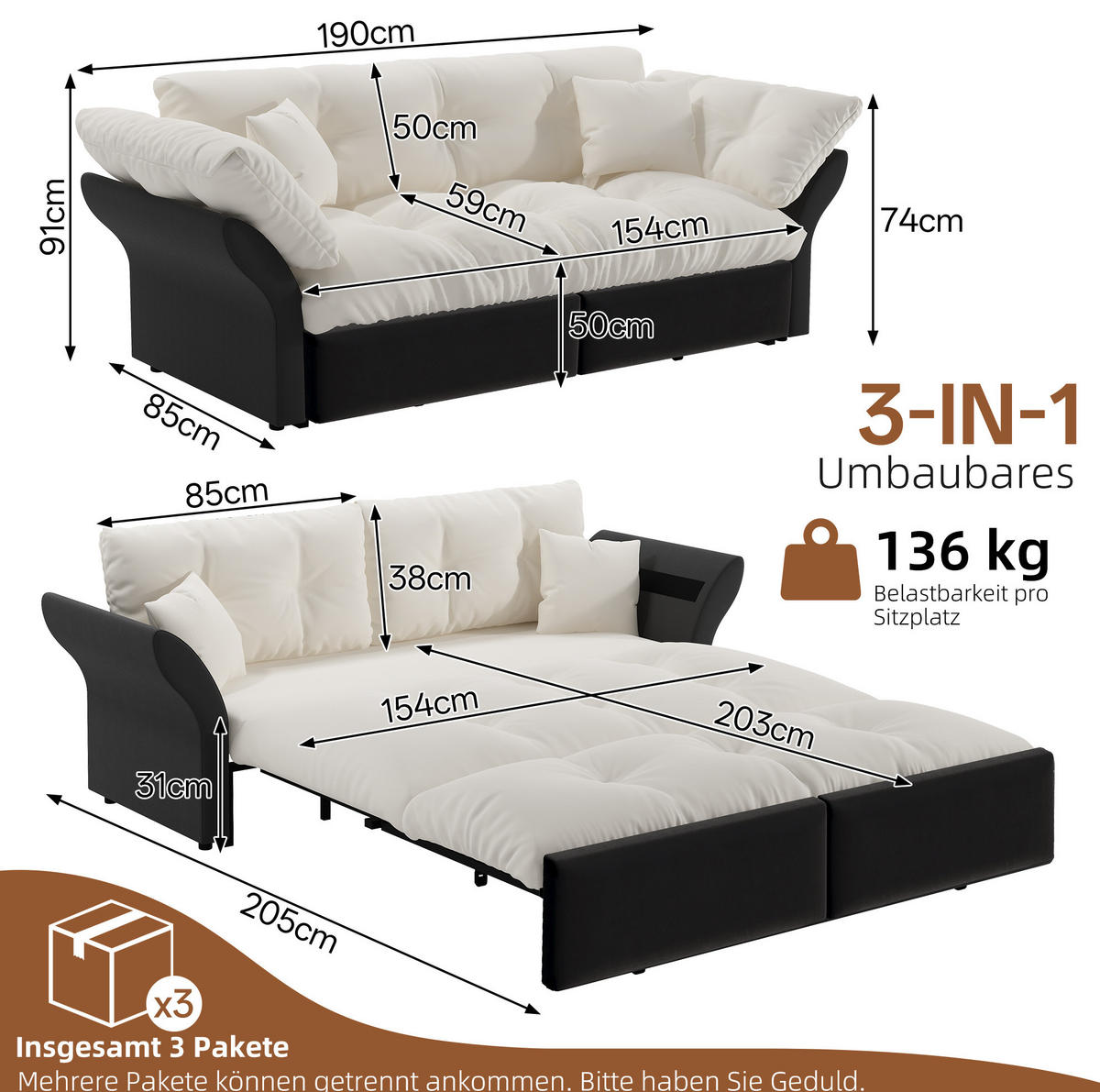 SCHLAFSOFA aus Velours 190x85x91 cm Beige/Weiß 3-in-1 ausziehbar mit 2 Kissen - Beige, Textil (190/91/85cm) - Modfu