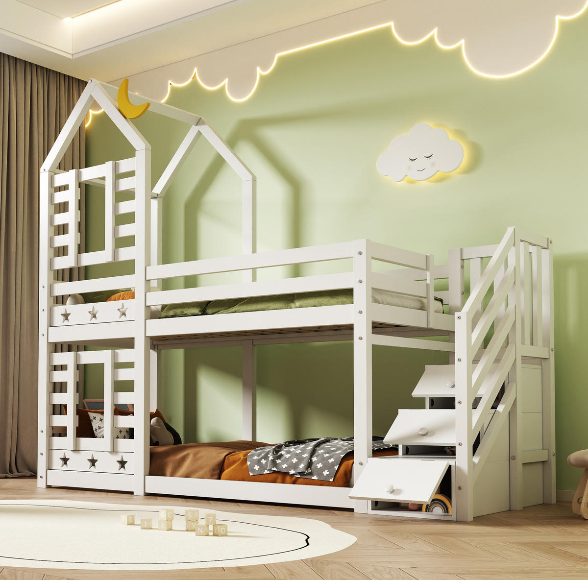 ETAGENBETT 90/200 cm in Weiß mit Treppenstauraum, Schubladen und Hausrahmen - Weiß, Holzwerkstoff (90/200cm) - OKMYHOME