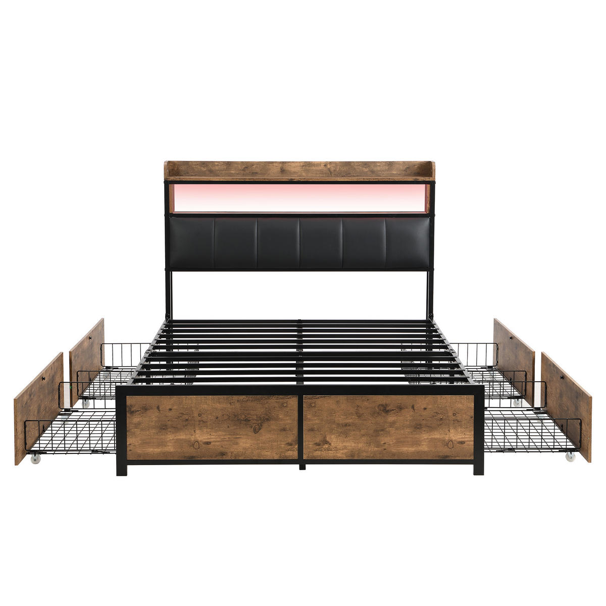 POLSTERBETT 140/200 cm Schwarz mit LED-Beleuchtung und 4 Schubladen - Schwarz, Kunststoff (140/200cm) - OKWISH